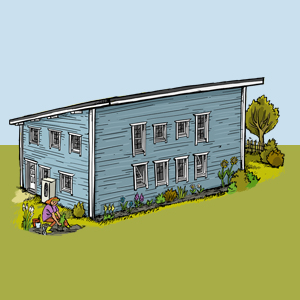Ausschnitt der Illustration: Die fünf Häuser von Hof Wiesengrund – Heimathaus